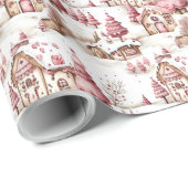 Niedlich Pink Whimsical Snowy Christmas Village Geschenkpapier (Rolleneckpunkt)