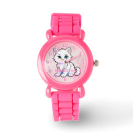 Niedlich Pink White Kawaii Kitten Armbanduhr
