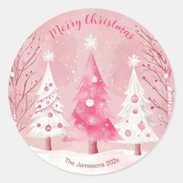 Niedlich Pink White Retro Weihnachten Runder Aufkleber