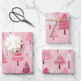 Niedlich Pink White Retro Weihnachtsbaumen Geschenkpapier Set