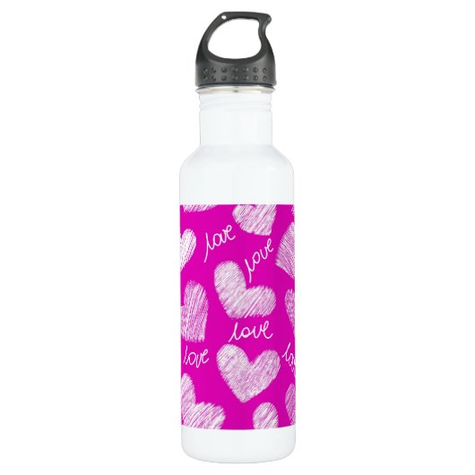 Niedlich Pink White Scribbled Hearts mit Liebe Scr Trinkflasche (Vorderseite)