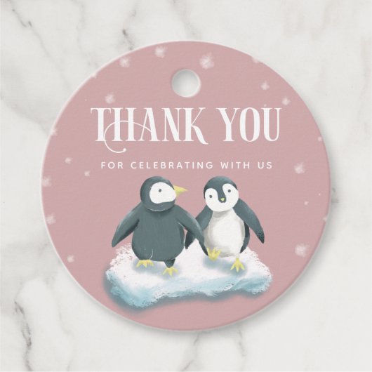 Niedlich Pink Winter Wunderland Pinguine Kinderdus Geschenkanhänger (Vorderseite)