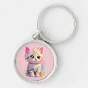 Niedlich Pink Yellow Kawaii Kitten Schlüsselanhänger