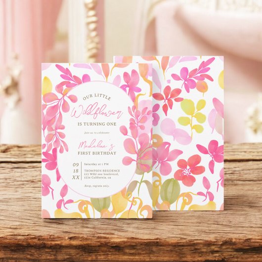 Niedlich-pinkgrün Aquarellfarbe Wildblume 1. Gebur Einladung