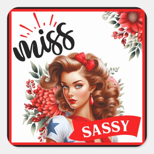 Niedlich Pinup_ Miss Sassy Quadratischer Aufkleber (Vorderseite)