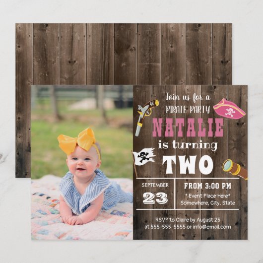 Niedlich Pirate Girl Custom Foto 2. Geburtstag Einladung (Vorne/Hinten)