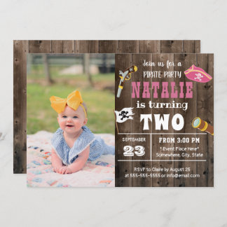 Niedlich Pirate Girl Custom Foto 2. Geburtstag Einladung