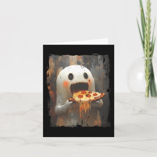 Niedlich Pizza Ghost Eating Pizza Funny Halloween Karte (Vorderseite)