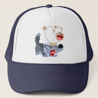Niedlich Playful Cartoon Sheep und Wolf Hat Truckerkappe