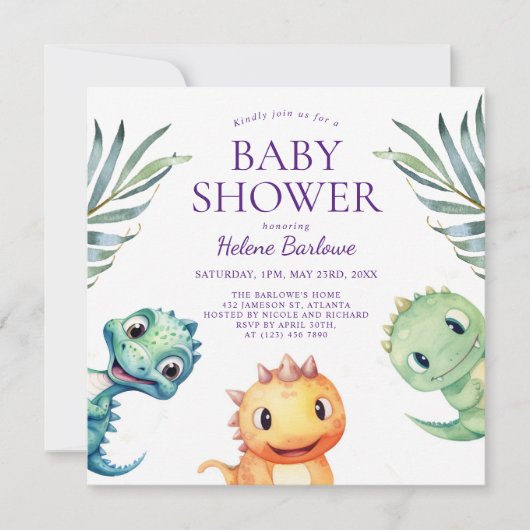 Niedlich Playful Dinosaur Babydusche Einladung (Vorderseite)
