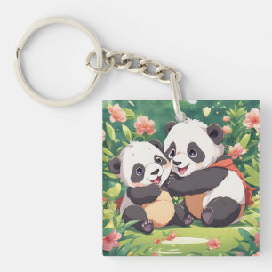 Niedlich Playful Little Pandas - Anime Style Schlüsselanhänger