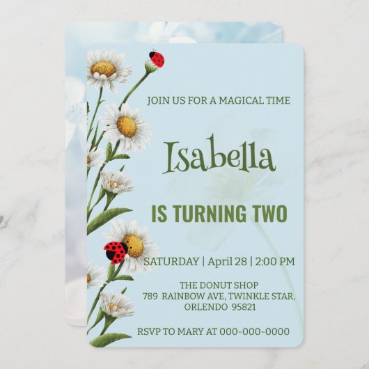 Niedlich Polka dot Ladybug Blue Daisy Kindergeburt Einladung (Vorne/Hinten)