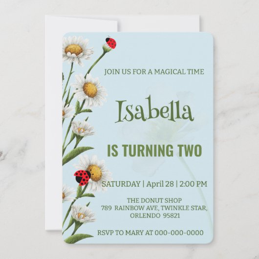 Niedlich Polka dot Ladybug Blue Daisy Kindergeburt Einladung (Vorderseite)