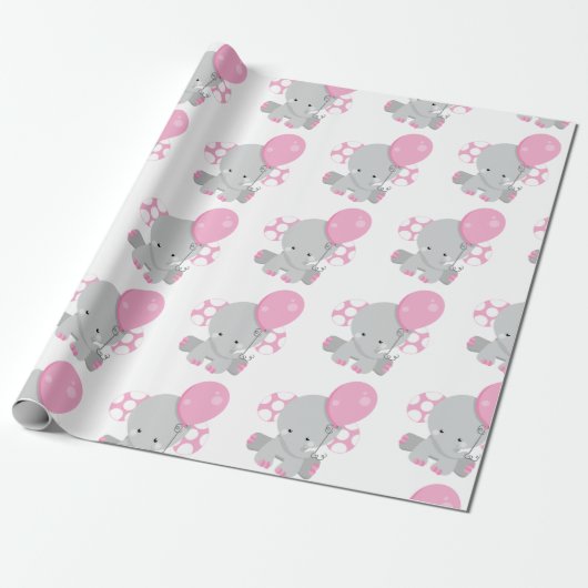 Niedlich Polka Dot Pink Elephant Girl baby Geschenkpapier (Ungerollt)