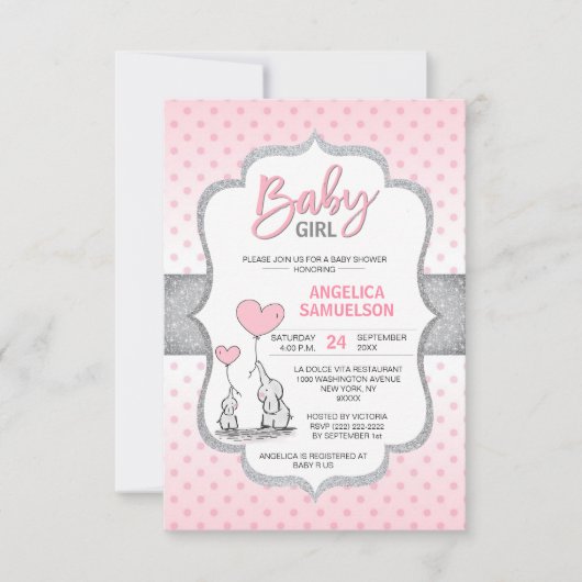 Niedlich Polka Dot Pink Gray Elephant Baby Shower Einladung (Vorderseite)