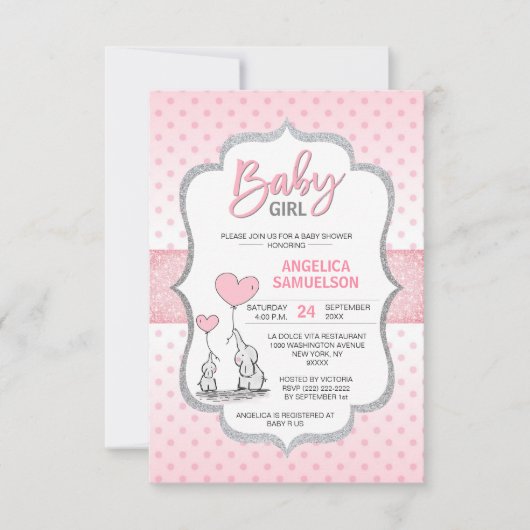 Niedlich Polka Dot Pink Gray Elephant Baby Shower Einladung (Vorderseite)