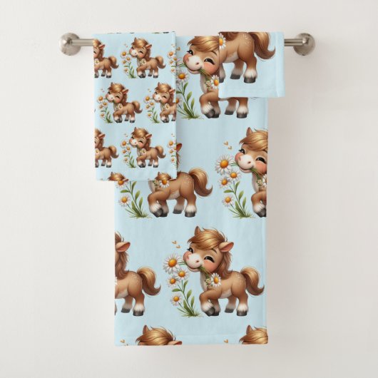 Niedlich Pony Eating Daisies Badhandtuch Set (Insitu)