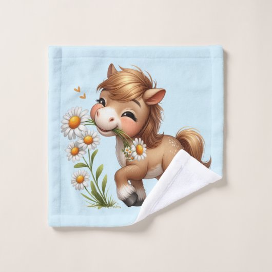 Niedlich Pony Eating Daisies Badhandtuch Set (Waschlappen)