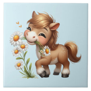 Niedlich Pony Eating Daisies Fliese
