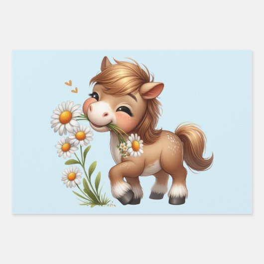 Niedlich Pony Eating Daisies Geschenkpapier Set (Vorderseite)
