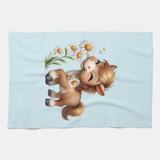 Niedlich Pony Eating Daisies Geschirrtuch (Horizontal)