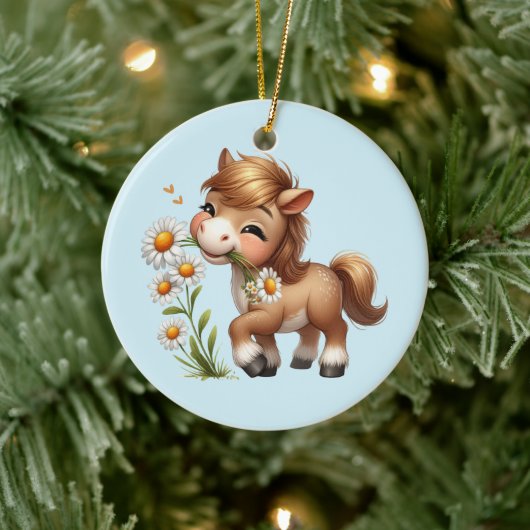 Niedlich Pony Eating Daisies Keramik Ornament (Baum)