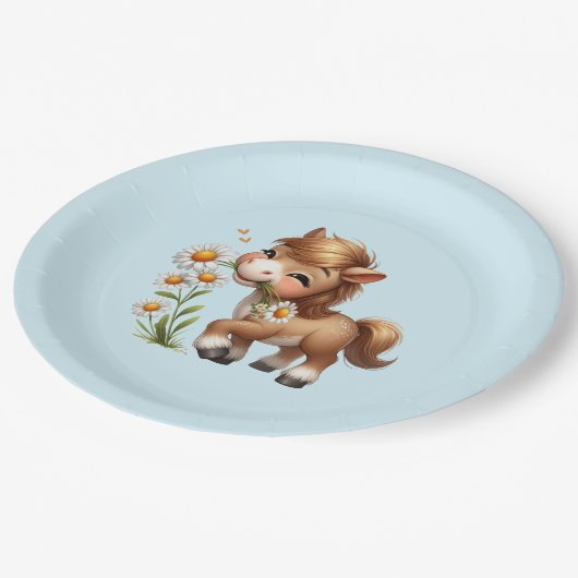 Niedlich Pony Eating Daisies Pappteller (Schrägansicht)