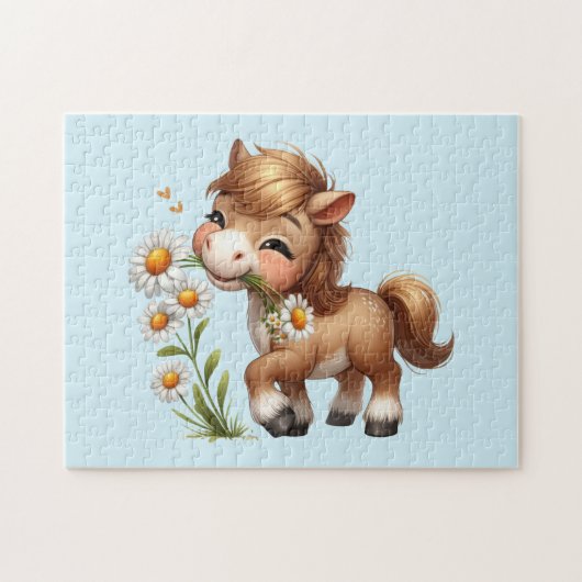 Niedlich Pony Eating Daisies Puzzle (Horizontal)
