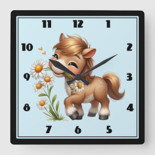 Niedlich Pony Eating Daisies Quadratische Wanduhr