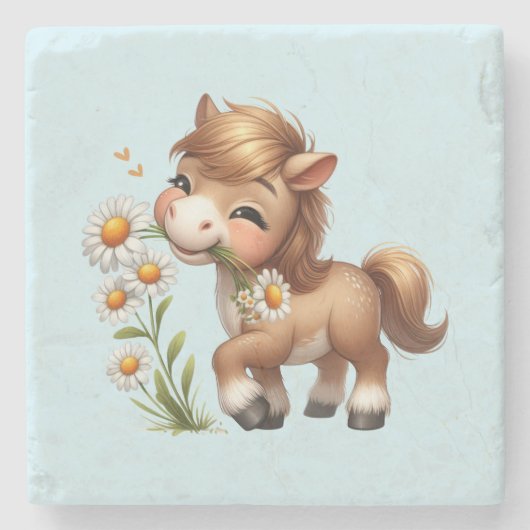 Niedlich Pony Eating Daisies Steinuntersetzer (Vorderseite)
