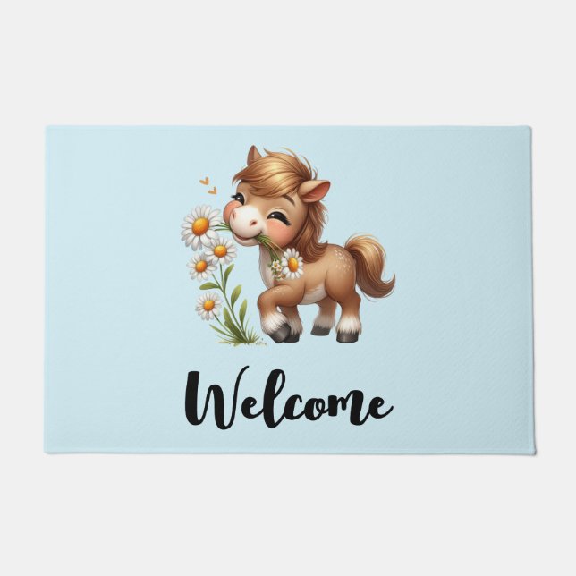 Niedlich Pony Eating Daisies Willkommen Fußmatte (Vorderseite)