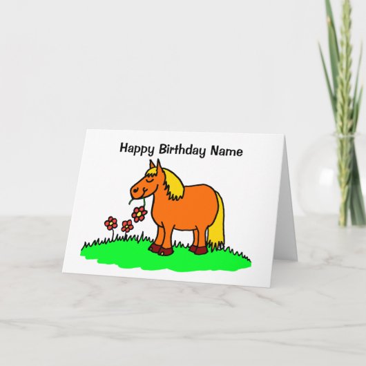 Niedlich Pony Munching Blume Cartoon Geburtstag Karte (Vorderseite)