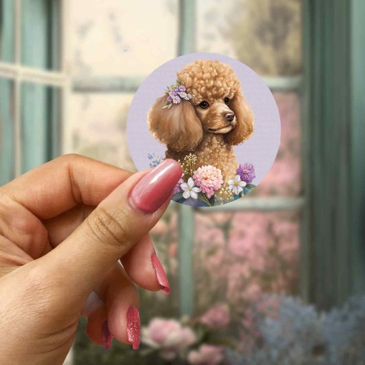 Niedlich Poodle Dog Floral Lila Giro Runder Aufkleber