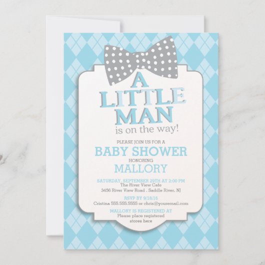Niedlich Preppy Bow Krawatte Raute Little Man Baby Einladung (Vorderseite)