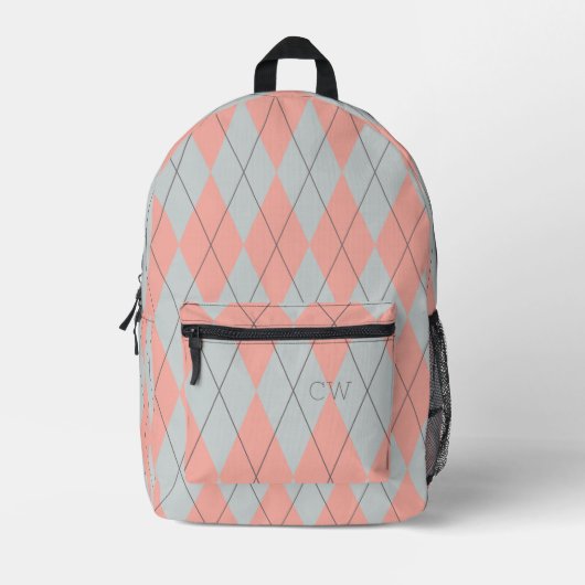 Niedlich Preppy Pink Raute Print Monogram Initials Bedruckter Rucksack (Vorderseite)