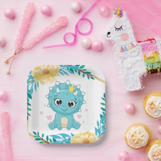 Niedlich Prince Aquamarin und Gelb Dinosaurier Bab Pappteller (Party)