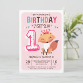 Niedlich Princess Baby Fox Pink Erster Geburtstag Einladung (Stehend Vorderseite)