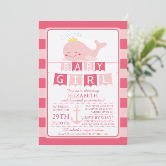 Niedlich Princess Whale Girl Babydusche Einladung (Stehend Vorderseite)