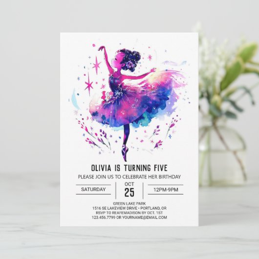 Niedlich Printable Ballerina Birthday Einladung (Stehend Vorderseite)