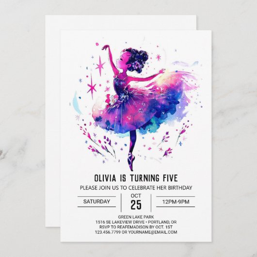 Niedlich Printable Ballerina Birthday Einladung (Vorne/Hinten)