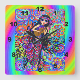 Niedlich Psychedelic Hippie Mermaid Girl Chick Gui Quadratische Wanduhr