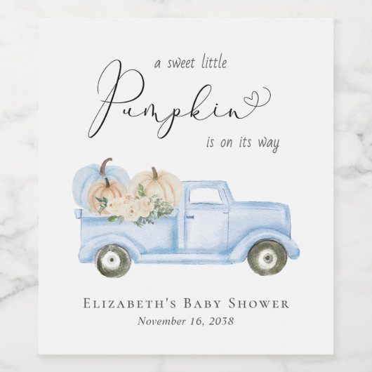 Niedlich Pumpkin Blue Truck Watercolor Babydusche Weinetikett (Einzelnes Label)