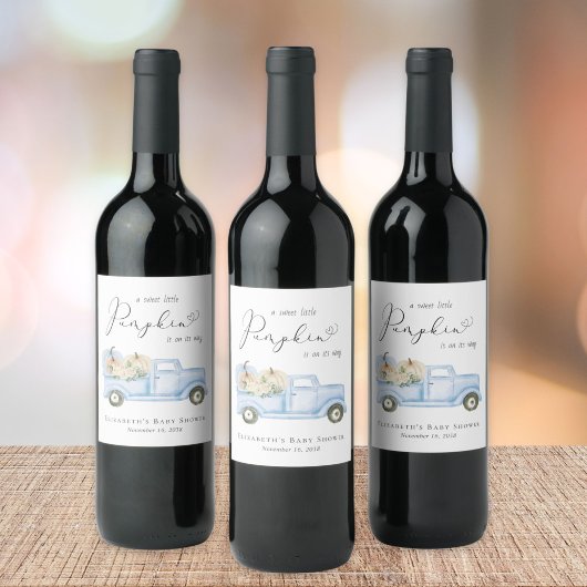 Niedlich Pumpkin Blue Truck Watercolor Babydusche Weinetikett