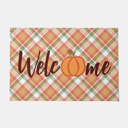 Niedlich Pumpkin Welcome Fall Orange Green Gingham Fußmatte (Vorderseite)