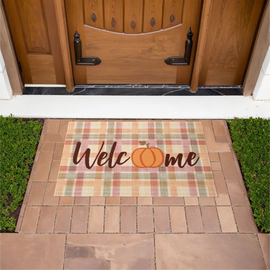 Niedlich Pumpkin Welcome Fall Orange Red Gingham Fußmatte (Außenbereich)