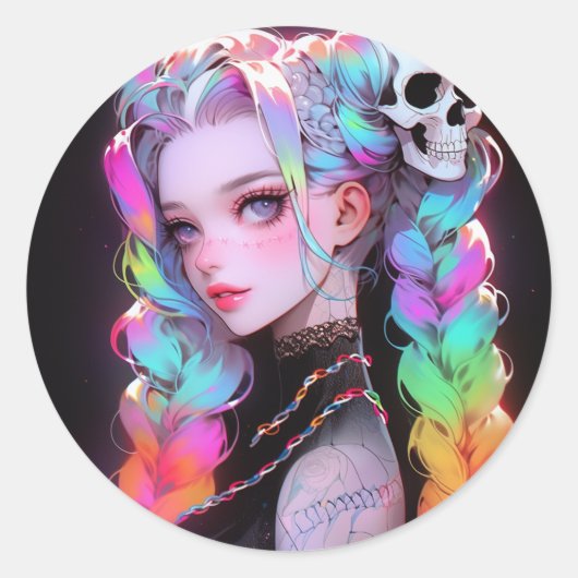 Niedlich Punk Rock Skull Goth Rainbow Braid Anime Runder Aufkleber (Vorderseite)