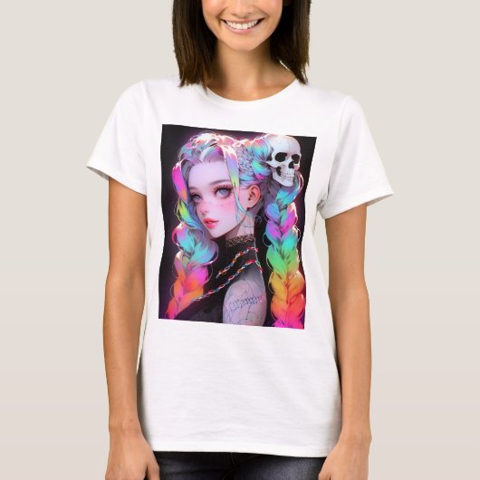 Niedlich Punk Rock Skull Goth Rainbow Braid Anime  T-Shirt (Vorderseite)