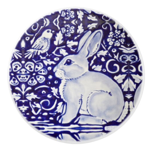 Niedlich Rabbit Blue White Woodland Animal Dedham Keramikknauf (Vorderseite)