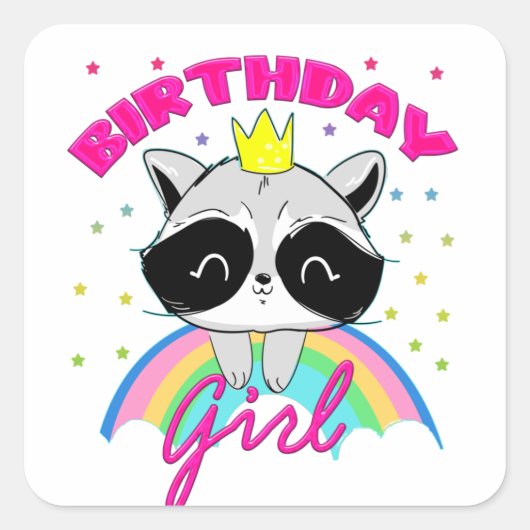 Niedlich Raccoon Birthday Girl Party Thema Quadratischer Aufkleber (Vorderseite)