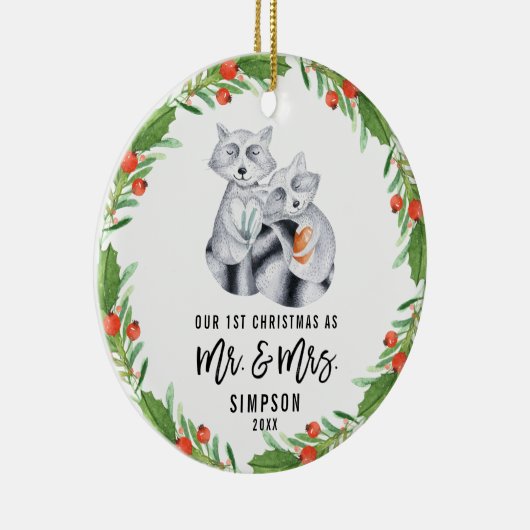Niedlich Raccoon Erste Weihnacht als Mr. und Mrs.  Keramik Ornament (Rechts)